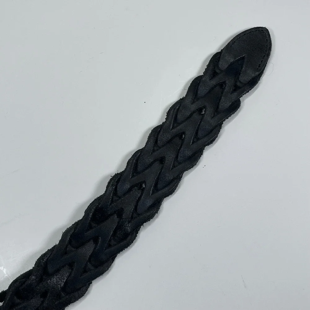 Vintage Genuine Leather Braided Woven Belt Womens 34 Black Silver Buckle Boho